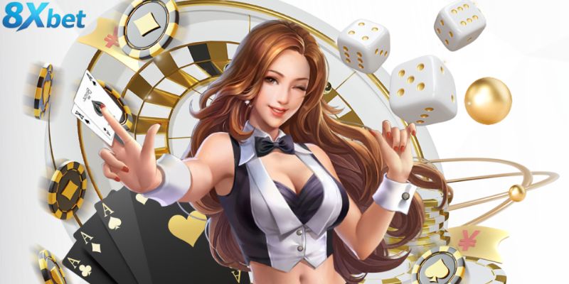 Bàn chơi baccarat với người chia bài và các lựa chọn đặt cược Player, Banker, Tie